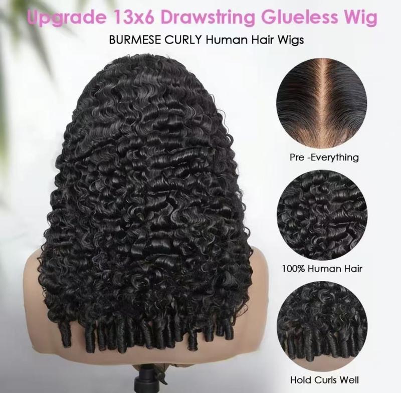 [3 IN 1 Half Wig]Half Wig Burmese Curly Wig for Women Wear Go Glueless Wigs Fiber Hair 3 In 1 Seamless Flip Wig Hairline Beginner Friendly with Spiral End Natural Black Color