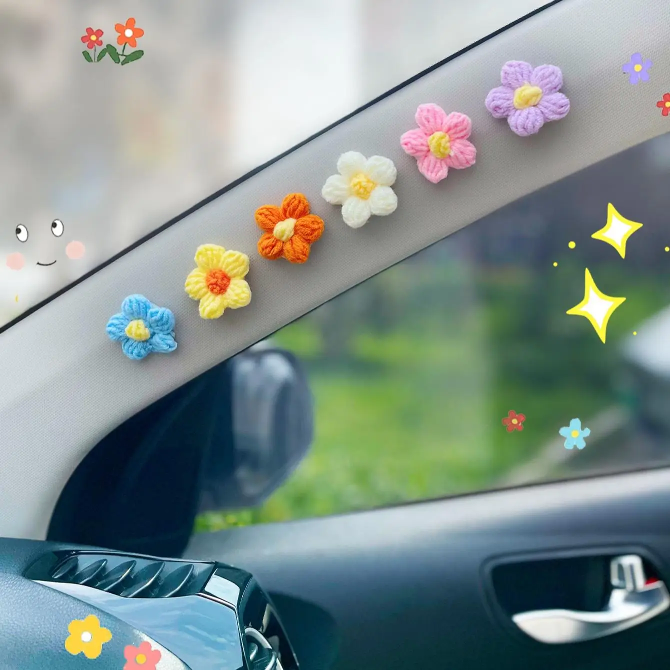 Car Crochet Flower Decoration Sticker, DIY Floral Crafts for Vehicle Interior Steering Wheel Dashboard Door Decoration, Small Car Accessories for Inte