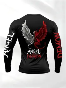 Men's Long Sleeve T-Shirt, Devil & Angel Wings Print Design, Casual Letters Print, Breathable Comfort Fabric, Casual Streetwear Style, Lightweight Fitted Top for All Seasons, Casual Fashion Fitted