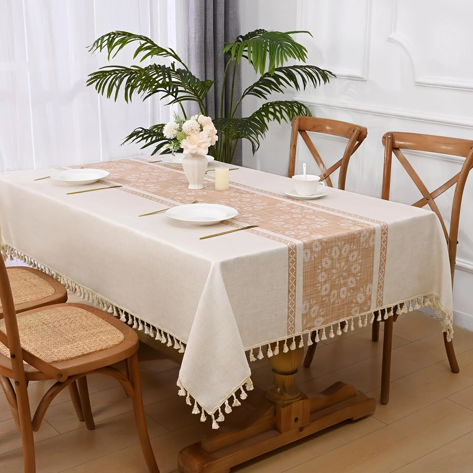 Coffee Tablecloth, Home Decoration Gift, Spillproof Waterproof Linen Table Cloth Wrinkle Free, French Vintage Floral Tablecloth With Tassels, Featuring A Simple And Modern Design, Perfect For Dining Table, Blue, Green