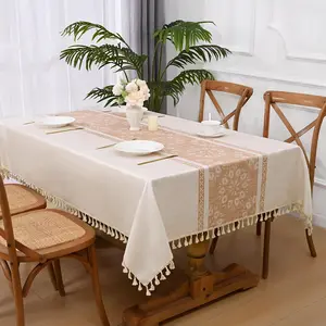 Coffee Tablecloth, Home Decoration Gift, Spillproof Waterproof Linen Table Cloth Wrinkle Free, French Vintage Floral Tablecloth With Tassels, Featuring A Simple And Modern Design, Perfect For Dining Table, Blue, Green