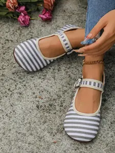Women's Fashionable Striped Pattern Flats, Casual Comfortable Breathable Running Shoes, Female All-match Round Toe Shoes for Daily Wear, Soft Sole Flats