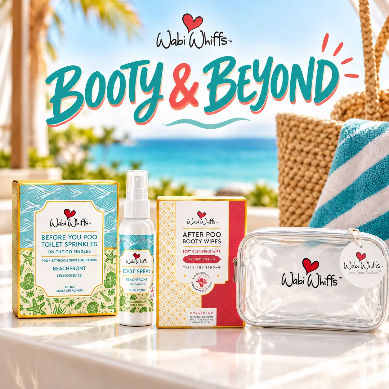 Wabi Whiffs Booty & Beyond Travel Kit - Fizzy Before You Poop Sprinkles, Toot Spray Air Freshener, After Poop Wipes, and Travel Case