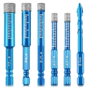 6Pcs Diamond Drill Bits for Ceramic, Porcelain, Ceramic, Tile, Glass, Granite, Concrete, Masonry, Stone, 1/4"(x2) +1/2"+3/8"+5/16" Tile Drill Bits Set, Integrated Coolant for Fast Dry Drilling