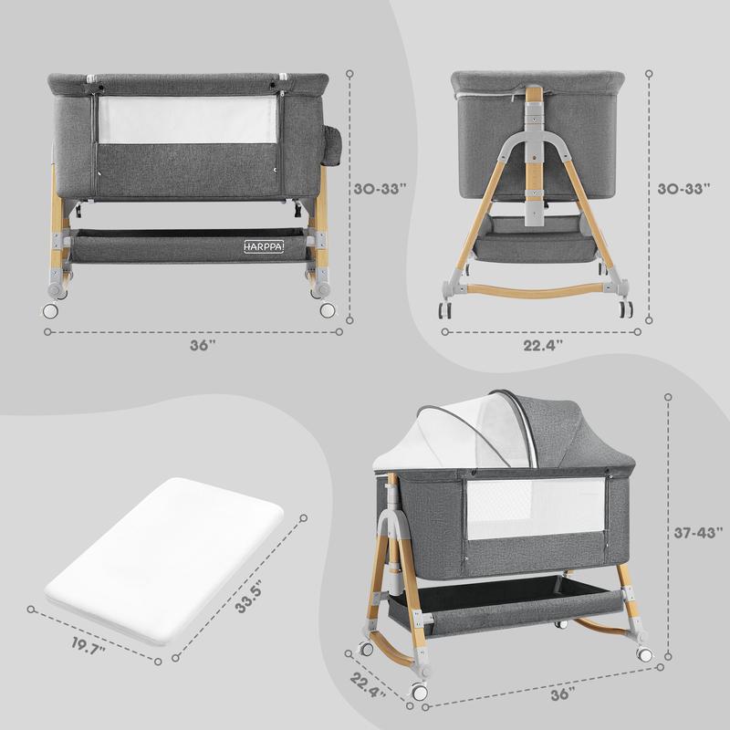 HARPPA 3-in-1 Foldable Baby Bassinet Bedside Sleeper, Rocking Bassinet with Mattress & Cover, Height Adjustable Bassinet for Baby with Wheels, Crib For Infant