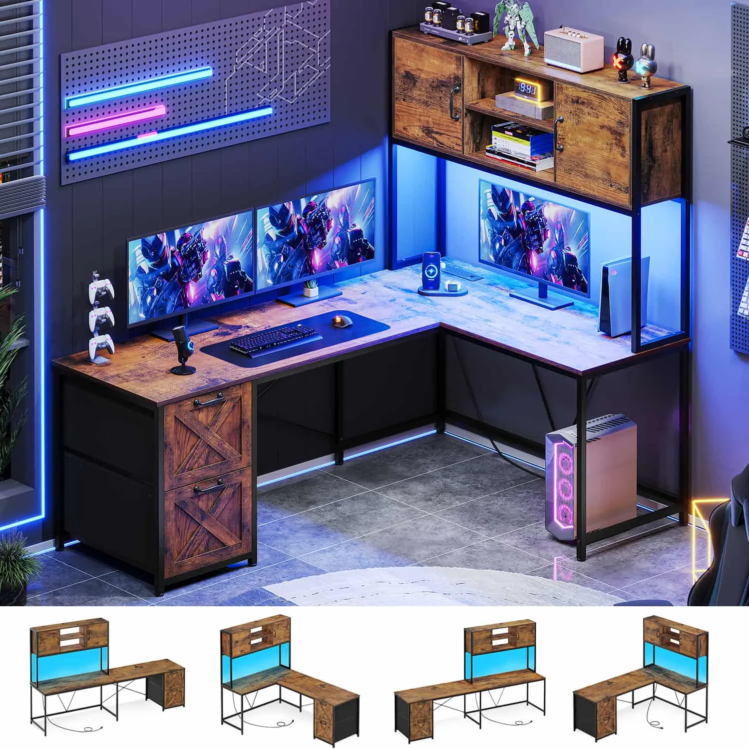 SIKAIC 86.6in L-Shaped Corner Office Computer Desk with RGB LED Light Strip, Brown Gaming Option for Home Office Corner Desk Setup, Assembly Required, Computer Desks