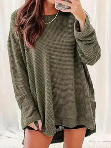 Plus Size Solid High Low Drop Shoulder Tee, Casual Long Sleeve Round Neck Top for Spring & Fall, Women's Plus Clothing for Daily Wear, Tshirt, Womenswear, Knit Clothes