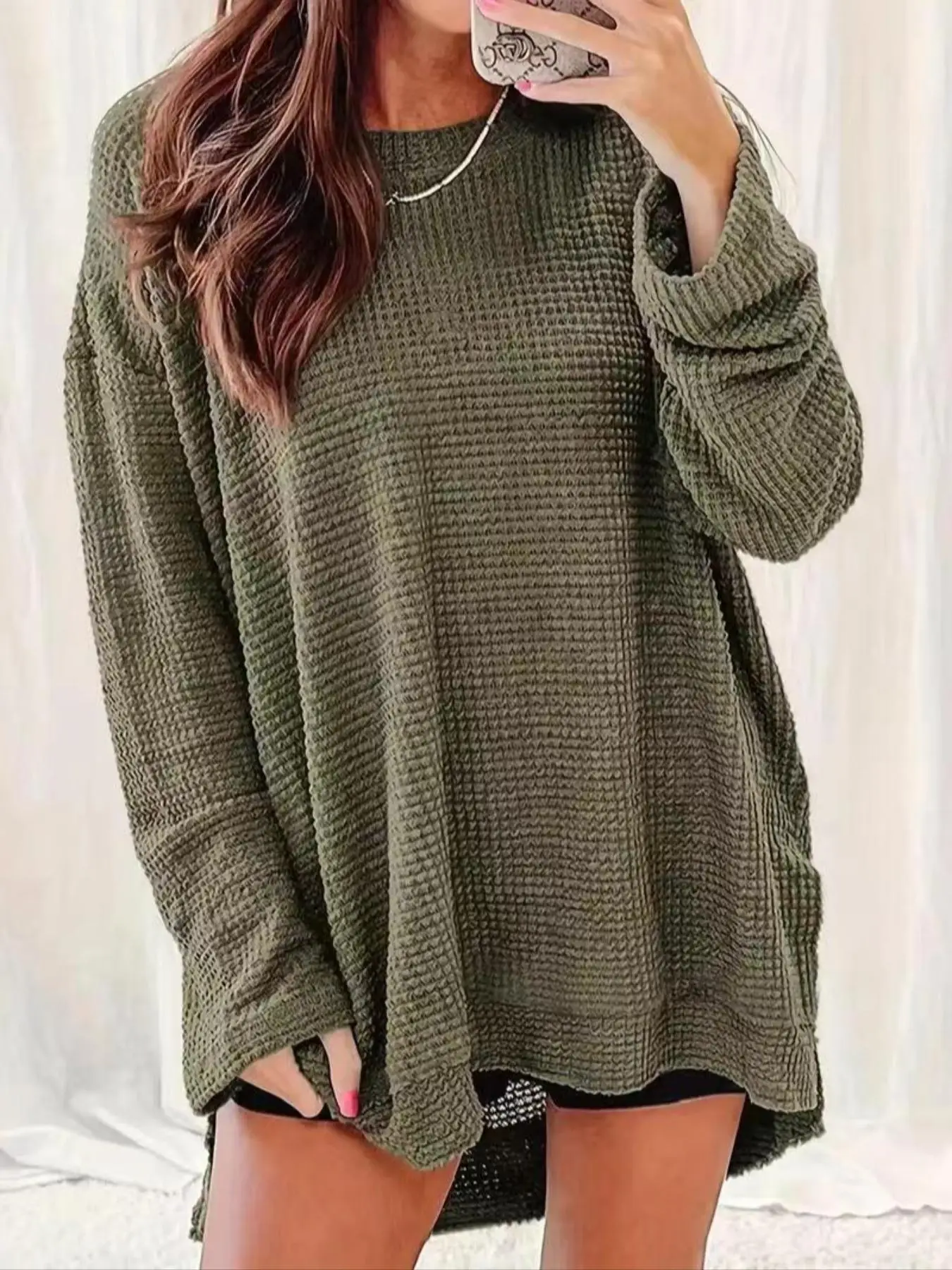 Plus Size Solid High Low Drop Shoulder Tee, Casual Long Sleeve Round Neck Top for Spring & Fall, Women's Plus Clothing for Daily Wear, Tshirt, Womensw