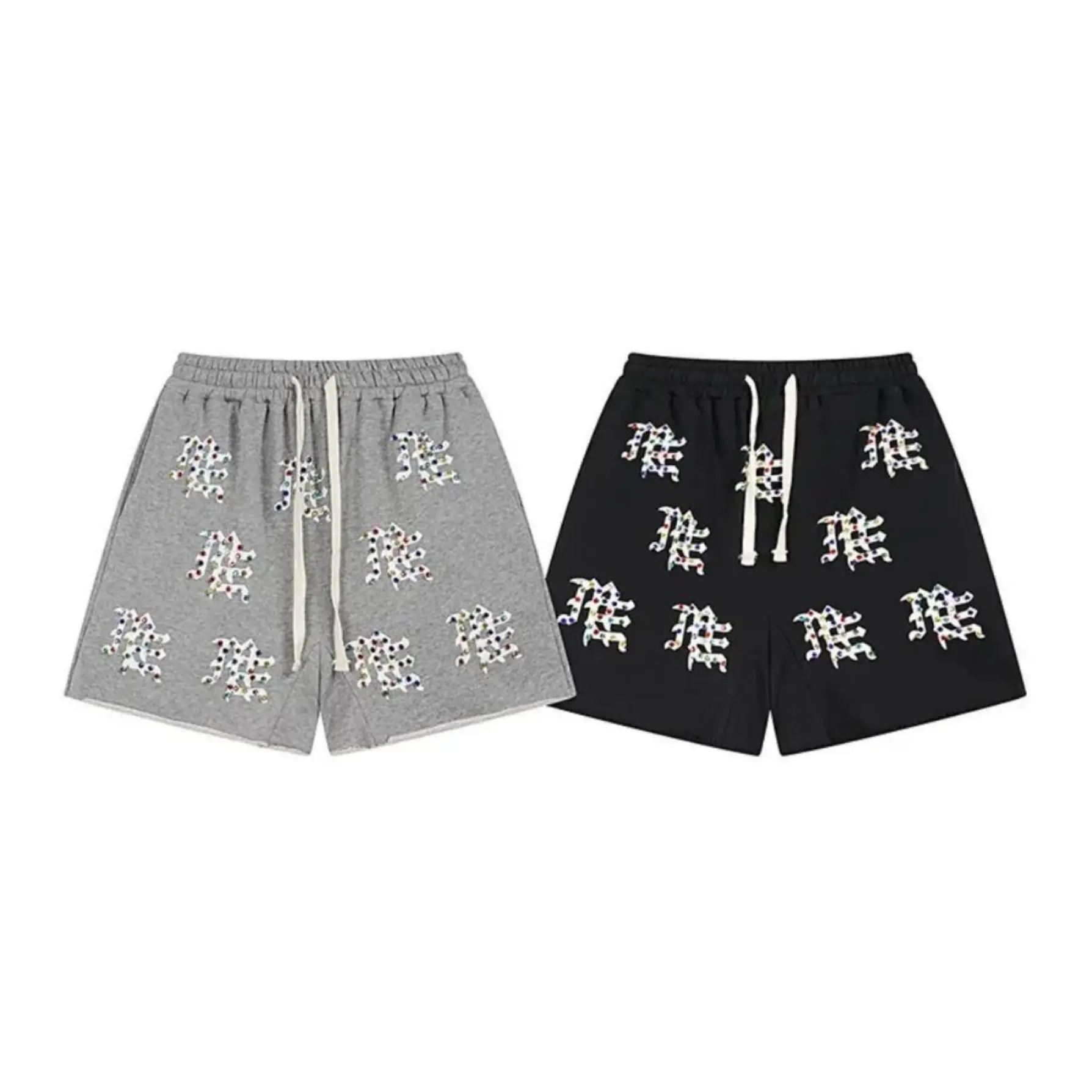 Mixed Emotion Mens Y2K Hip Hop Diamond Printed Heavyweight Shorts Unisex Loose Cuffed 5 Quarter Summer Casual Athletic Bottoms Breathable Gift