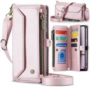 Multifunctional Leather Wallet with Zipper and Lanyard, Anti-Drop Zipper Phone Pouch Phone Case for Samsung Galaxy A53 A52 A52s A51 A36, Crossbody Bag, Leather Crossbody Purses
