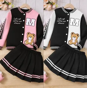 Preppy Suit 2Pcs, Girl's Sweet Bear Print Long-Sleeve Jacket Top + Pleated Skirt - Ideal For School Casual Outings, Fall Winter Clothes, As Gift 42406016