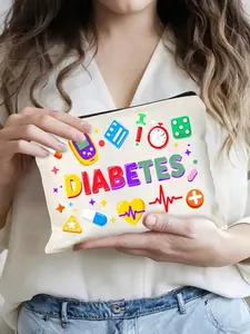 Portable Foldable Zipper Bag with Blood Glucose Meter Insulin Medicine Icons, Unisex Travel Organizer, Diabetes Essentials, Lightweight, Zipper Pouches, Travel Organizer Bags