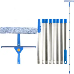 10ft Window Squeegee Cleaner Tool with Extension Pole, 14 Inch Squeegee & 15 Inch Washer Scrubber, Ideal for Outdoor High Windows, Window Cleaning Tool