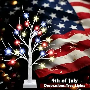 24-LED red, white, blue star lights birch tree, USB-powered artificial patriotic tree with daylight function, Fourth of July decorative light tree for home tabletop and party decoration