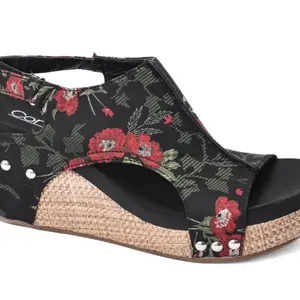 Corkys Carley Wedge Shoe Black Red Floral