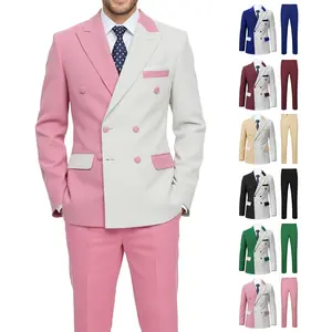 Men’s Color Block Suit Set – Slim Fit Double-Breasted Blazer and Pants, Contrast Formal Outfit for Business, Wedding & Party