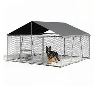 Large Outdoor Dog Kennel, Heavy Duty Metal Dog Run with Waterproof UV-Resistant Roof, Lockable Door & Rotating Feeder, 7.5×7.5×5.4 ft