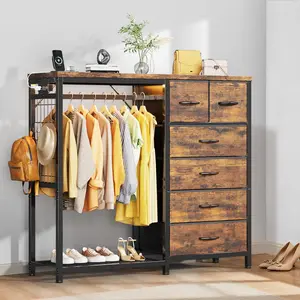 Garvee Rustic Brown Dresser with Hanging Rack, 6 Drawers, Charging Station, Wooden Top Organizer Unit with LED Lights, Fabric Chest of Drawers with Clothes Rack & Open Shelves for Living Room