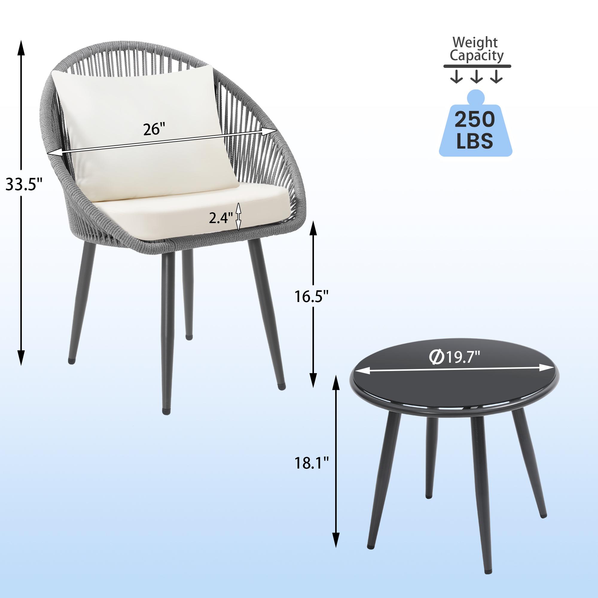 3-Piece All-Weather Outdoor Bistro Furniture Set – Comfortable Cushioned Rope Woven Chairs & Side Table, Great for Poolside, Balcony & Backyard, Black