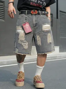 Men's Coachella Music Festival Style Vintage Blue Jeans Shorts, Ripped Hem, Loose Wide Leg Five-Pocket Pants