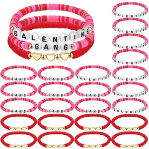24Pcs Galentines Bracelets Bulk for Girl Women Galentine Gang Friendship Bracelets Galentine Squad Letter Heart Polymer Clay Beaded Bracelets Gift for Classmates Family Friend for Valentine Classroom Exchange Party Favors Non Candy Goody Bag