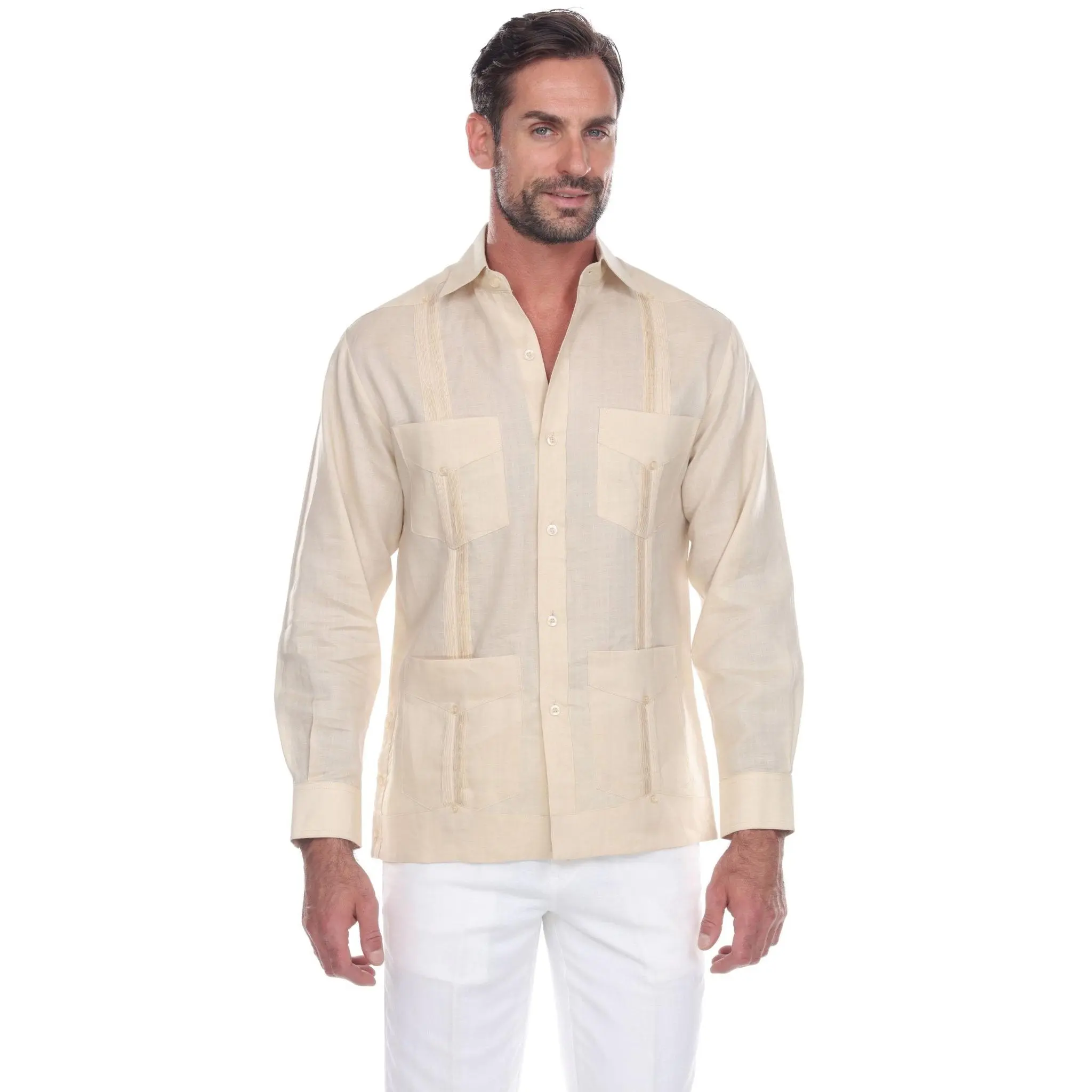 Big and Tall 100% Linen Four Pocket Guayabera Shirt Long Sleeve