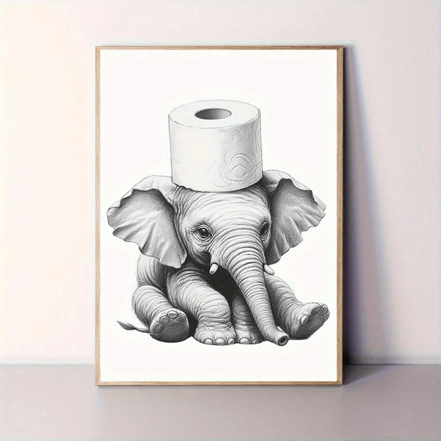 1pc Whimsical Elephant Bathroom Canvas Art - 12X16" Frameless, Minimalist Toilet Paper Elephant Print, Playful Animal Wall Decor for Home, Bedroom, Kitchen, Living Room, Hotel, Cafe, Office, Elephant Decor