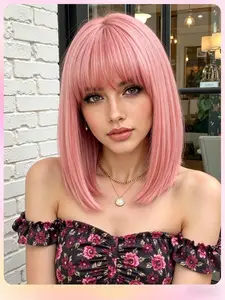 Cute Pink Short Bob Straight Wig for Women, 12 Inches Heat-resistant Synthetic Wig with Bangs, Comfortable Rose Net, Perfect for Parties, Vacations, Cosplay and Daily Use, Straight Synthetic Wigs, Synthetic Hair