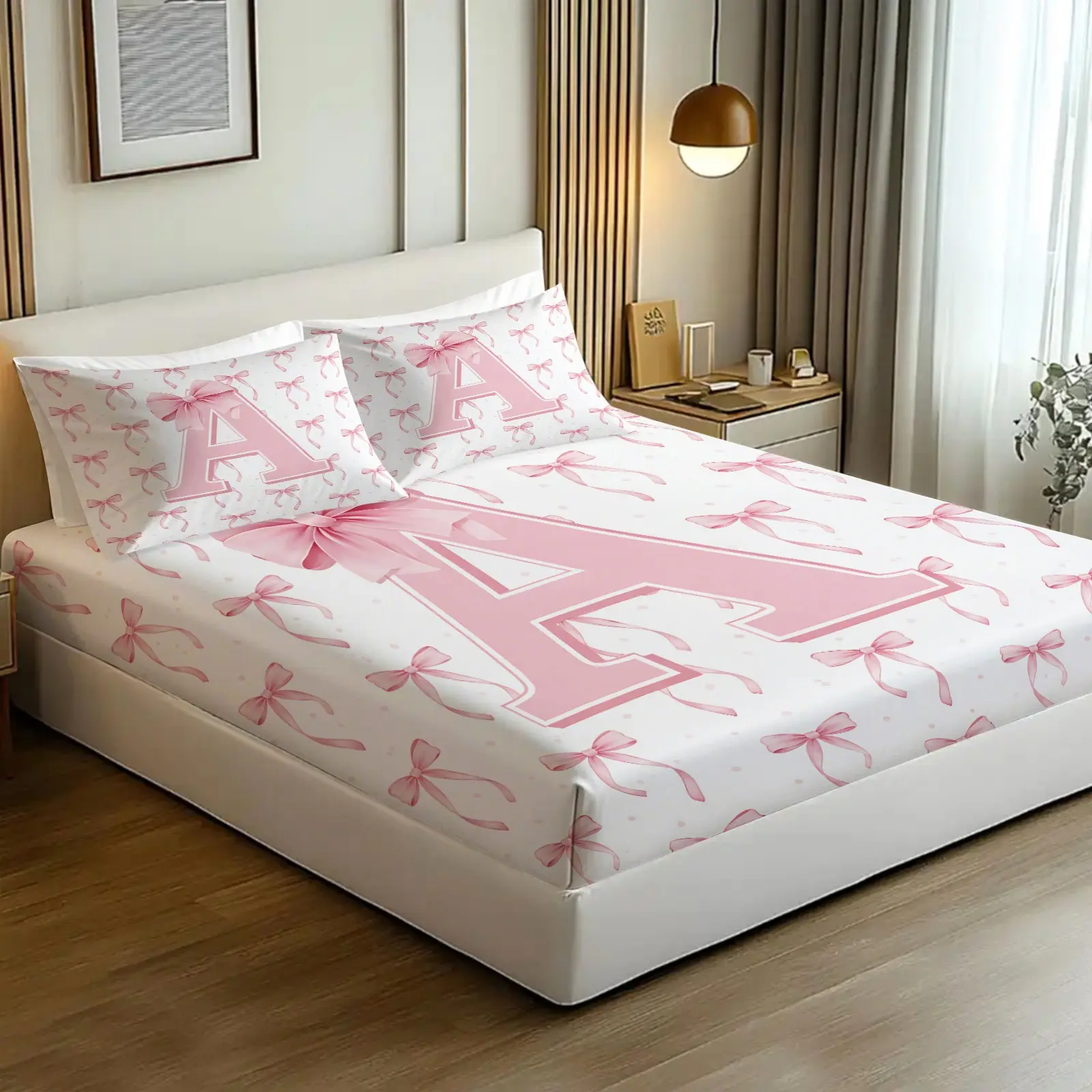 3PCS Cute Pink Bow Initial A-Z Fitted Sheet Set, Breathable Sheets, Secure Fitted Sheets, Pink and White Bow Knot Bedding Set,Monogrammed Princess Bed Sheets,Preppy Bows Bed Set No Fillers for Girls Kids Bedroom Dorm Decor