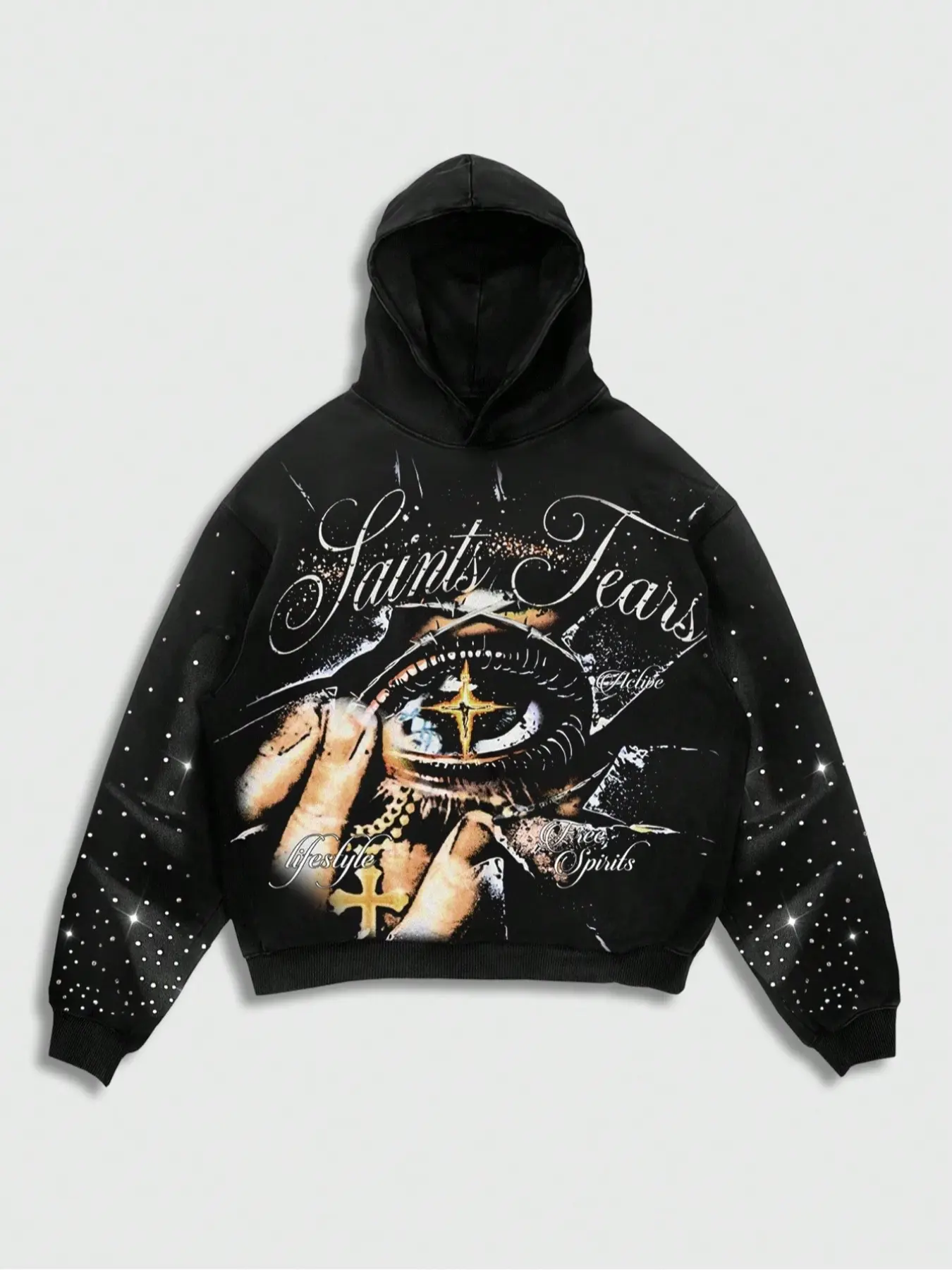 Men's Hooded Sweatshirt Fall & Winter Streetwear, Eye Rhinestone Fabric, Letter Print, Casual Fitted Style, Trendy Design