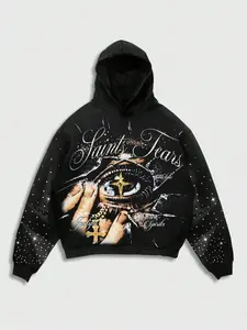 Men's Hooded Sweatshirt Fall & Winter Streetwear, Eye Rhinestone Fabric, Letter Print, Casual Fitted Style, Trendy Design