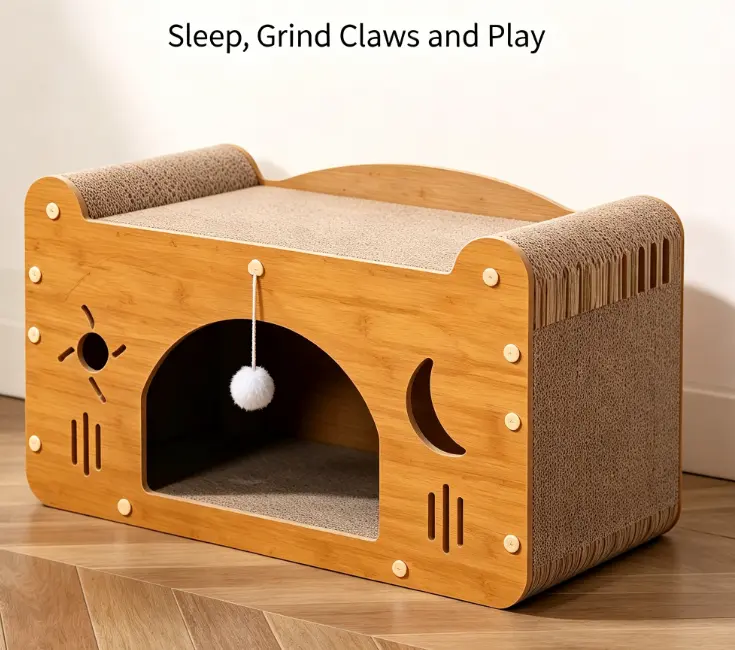 22-Inch Celestial Jumbo Star and Moon Cat Scratching Barrel House, Heavy-Duty Reinforced Double-Layer Hideout Space, 22 lbs Capacity, Original Wood Walnut Finish Frame Pet Furniture for Large Cats (Maine Coons) with Moon Cutouts