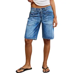 Flamingals Wash Patch Pocket Drawstring Mid Rise Denim Bermuda Shorts Womenswear Stretchy 11.8" Inseam