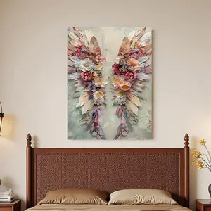Framed Canvas 2D Flat, 1pc Floral Angel Wings Canvas Art Print - Wooden Framed 2D Flat Botanical Wall Decor with Vibrant Colors, Classic American Art Deco Style for Indoor/Outdoor Use in Bedroom, Living Room, Kitchen, Office, Classroom - Perfect for