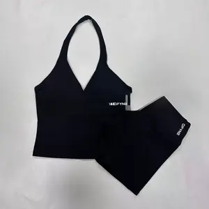 DFYNE Buttery Soft Seamless Workout Set|   High Waisted Booty Lifting Shorts & V-Neck Halter Sports Bra Gym Outfit