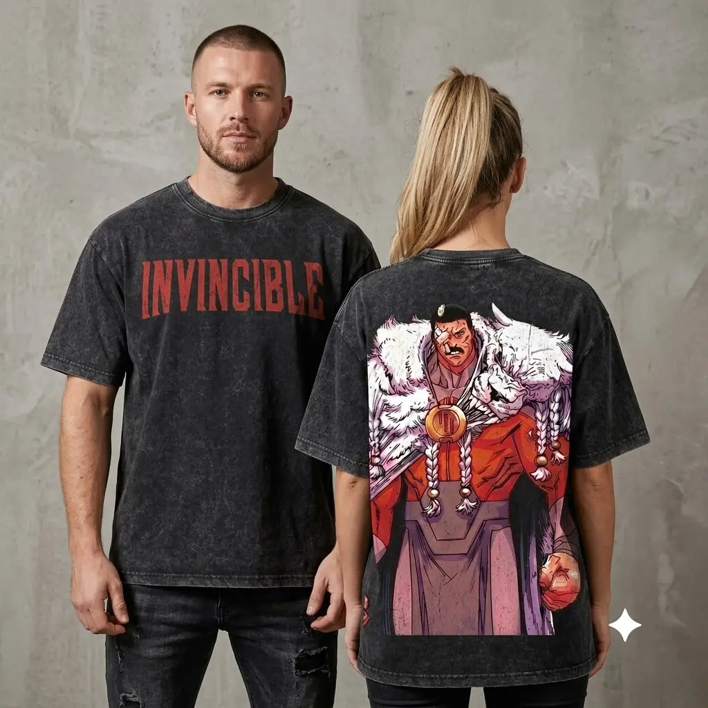 Men's Omni-Man Invincible Official Comic Art T-Shirt, Vintage Grey Acid Wash, Crew Neck, Box Fit, Viking Warrior Armor with Beast Paulds, Ideal for Invincible Fans, Graphic, Casual