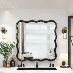 Bathroom Mirror for Wall, 36"x36" Boho Wavy Wood Mirror Large Full Length Decorative Mirror with Tempered Glass, Natural Wooden Frame Vanity Mirror for Bedroom, Living Room