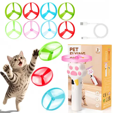 Rechargeable Cat Disc Launcher Interactive Toy - 8 Pieces Discs Set, 1-Button Operation, ABS Plastic Pet Supply, Type-C Charging, Provides Daily Exercise & Relieves Boredom for Indoor Cats (White-Yellow)