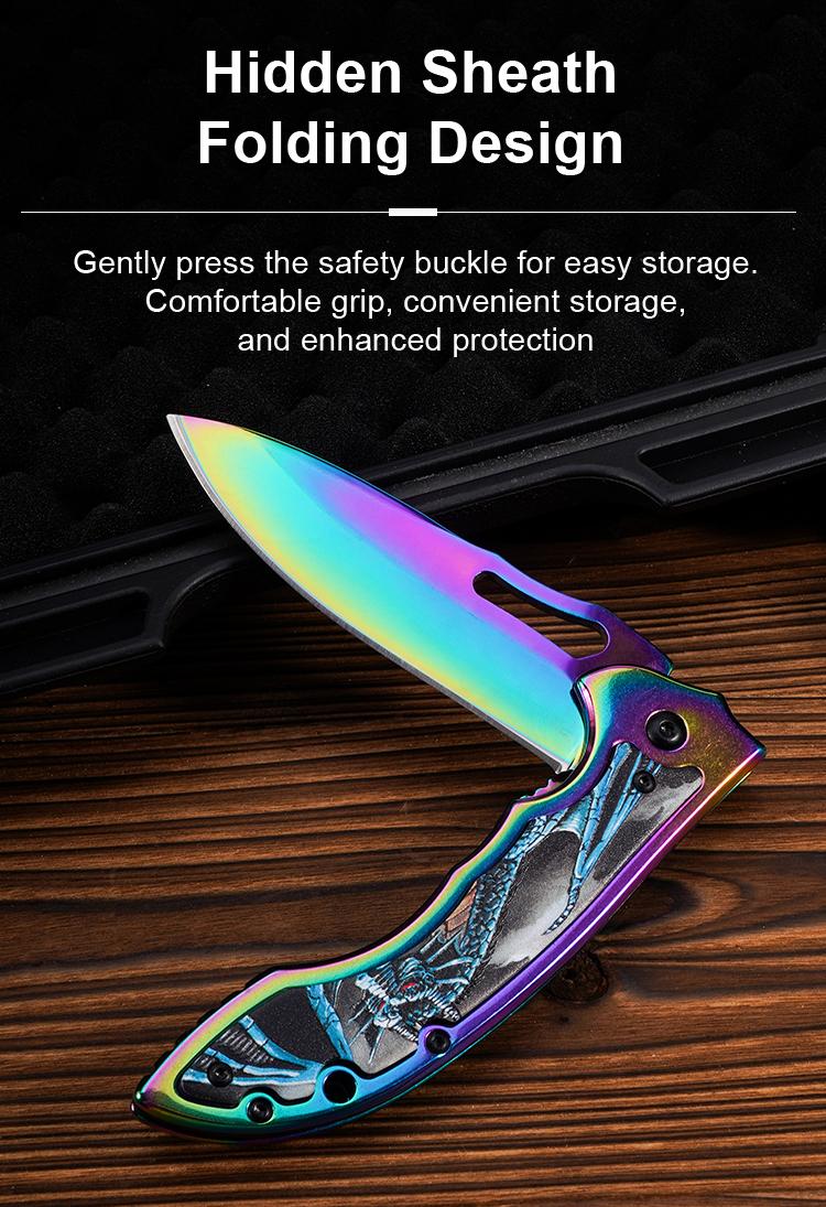 Portable EDC multifunctional tactical outdoor colorful folding knife and pocket knife. All-steel construction with a quick-opening design; outdoor cutting tool designed specifically for climbing and fishing; an essential item for camping and hiking.