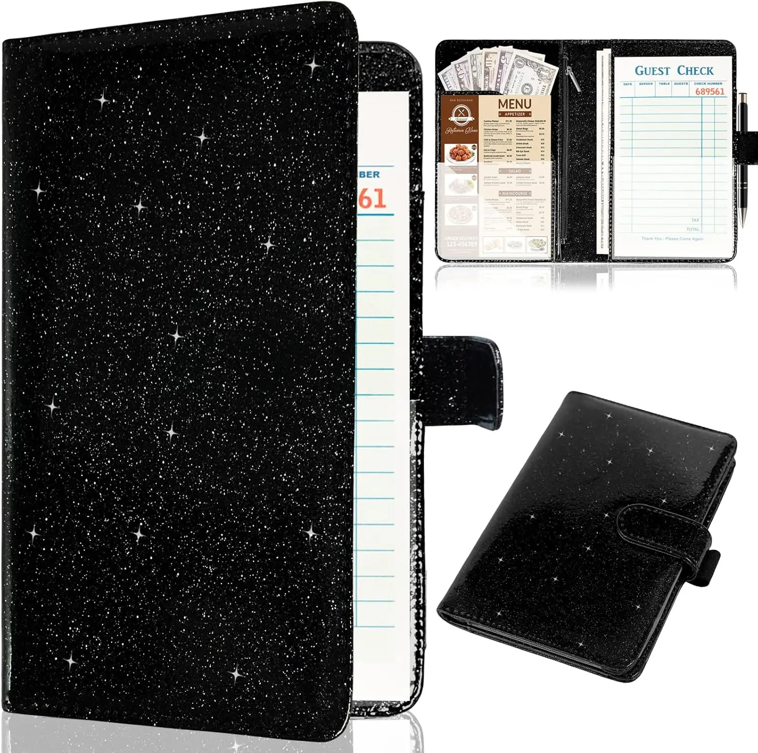 Server Book for Waitress,Leather Waiter Book Organizer with Zipper Pocket, Bling Waitress Money Wallet and Pen Holder