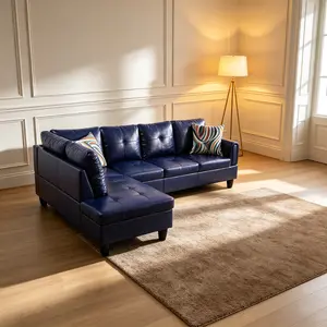 3-Piece Dark Blue-Violet Faux Leather Living Room Sofa Set - Exquisite Luxury-Themed Dark-Colored Leatherette Longlasting Sofa Sets, Glossy Texture, Fade-Resistant, Upscale Trendy Vibe for Indoor Leisure Space, Exquisite Sofa Sets