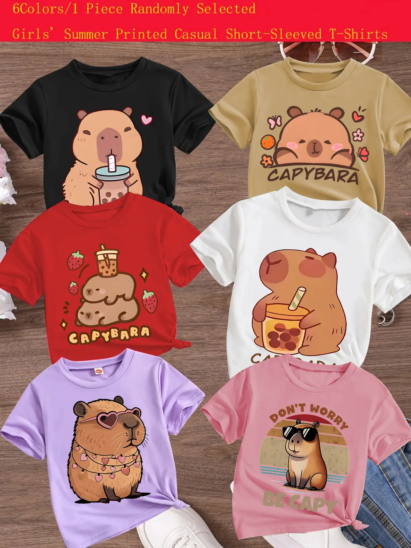 Girls Summer Fashion Cartoon Print Short Sleeve T-Shirt, Random Style, Comfortable and Versatile, Perfect Gift for Kids, Casual