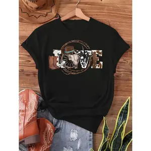 1pc Women's Western Cowgirl Graphic Print Short Sleeve T-Shirt - Black Casual Round Neck Tee with Bull Skull, Horseshoe & LOVE Design,  Perfect Gift for Birthdays & Holidays, Nontransparent Fabric Top Womenswear Streetwear Summer Crewneck Tshirt