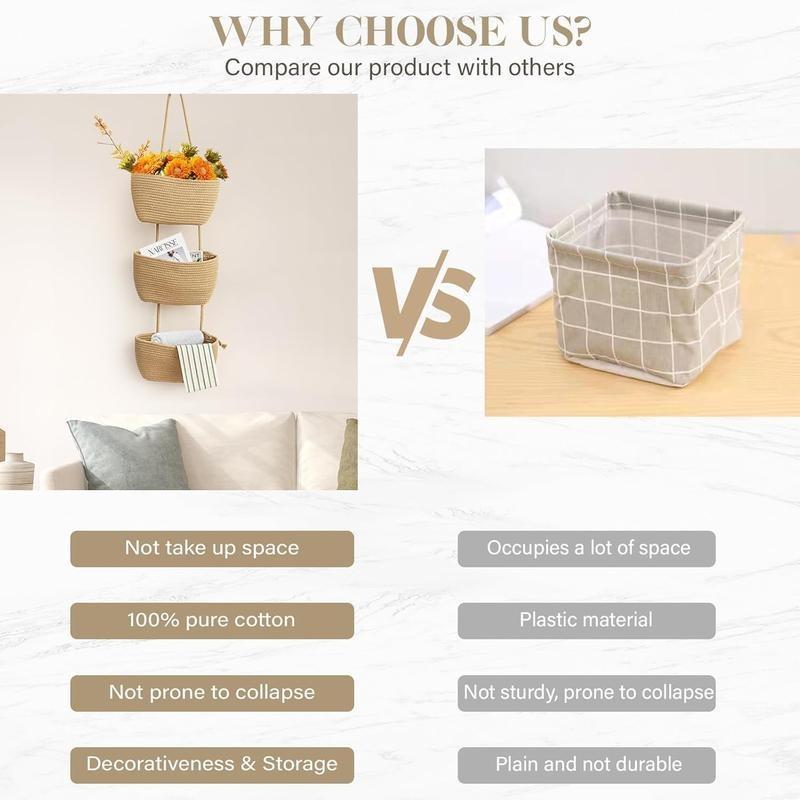 Woven cotton 3-Tier Over the Door Basket, Wall-Mounted Storage Organizer – Decorative Nursery Baskets, Suitable for Busy Parents to Store Diapers & Toys. Small Basket, Gift Hook, Laundry Basket, House Organizers, Bedroom Decor, Home Essentials