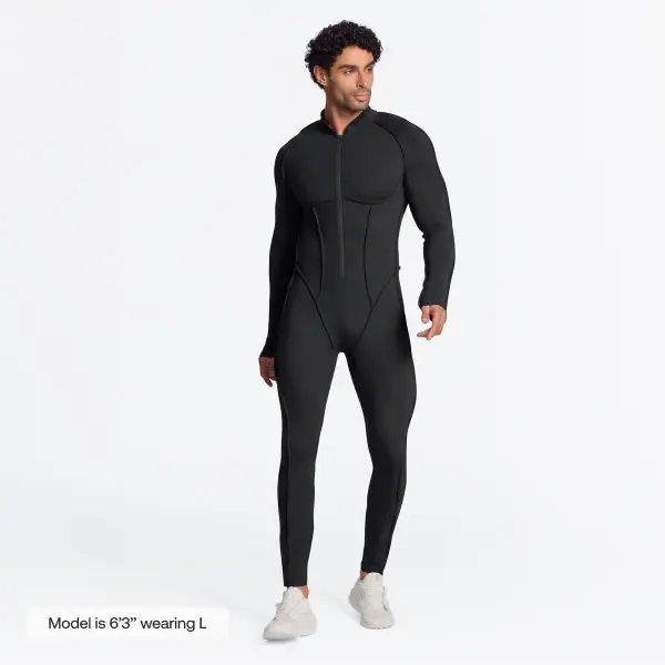 BetterMe Closed-Back Herosuit Contoured Zip-Front Second-Skin Bodysuit for Men – Black Basic Gym Jumpsuit | Polyester Spandex Fabric | Menswear Rompers & Overalls