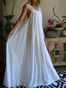Women's Casual Chic Vacation Style Summer Lace Trim Sleeveless Halter Long Dress, 5 Colors Available, Loose Fit, Beach Holiday Home Wear, Versatile, Womenswear