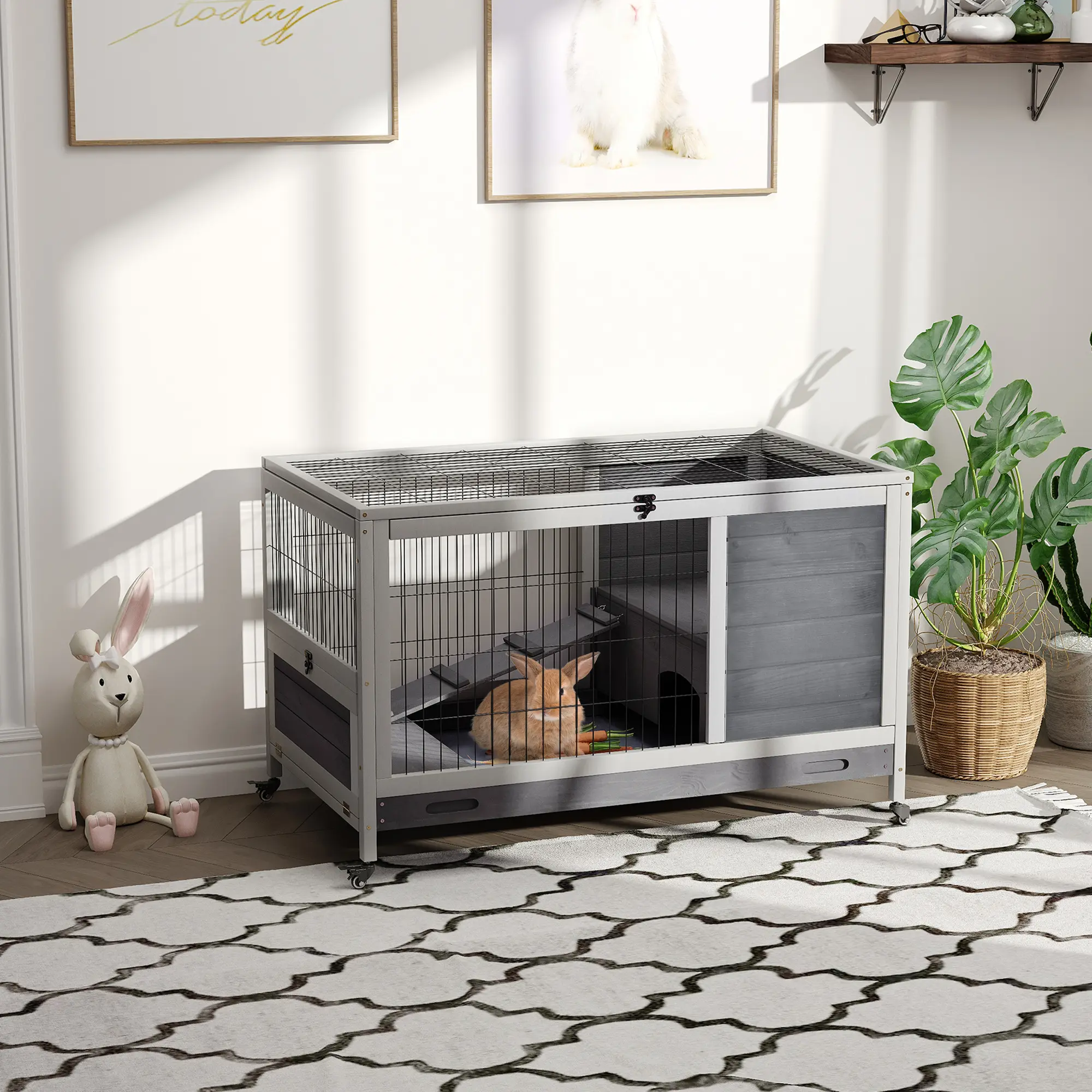 Wooden Indoor Rabbit Hutch Elevated Cage Habitat with Enclosed Run & Wheels Ideal for Rabbits Guinea Pigs Compact Durable Construction Easy to Clean 35.5" L x 20.75" W x 23.25" H