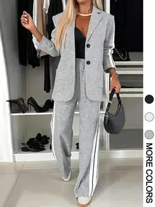 Women's Striped Print Blazer Jacket & Wide Leg Pants Set, Casual Fitted Suit for All Seasons, Stylish Ladies' Clothing Ensemble, Comfort, Coord Set, Versatile, Wear, Style, Outfit, Essential, Trendy, Chic