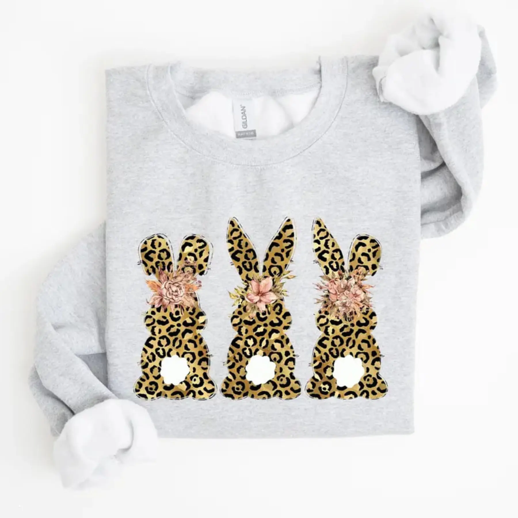 Leopard Bunny Sweatshirt – Floral Easter Bunny Graphic Crewneck, Cute Spring Holiday Pullover for Women