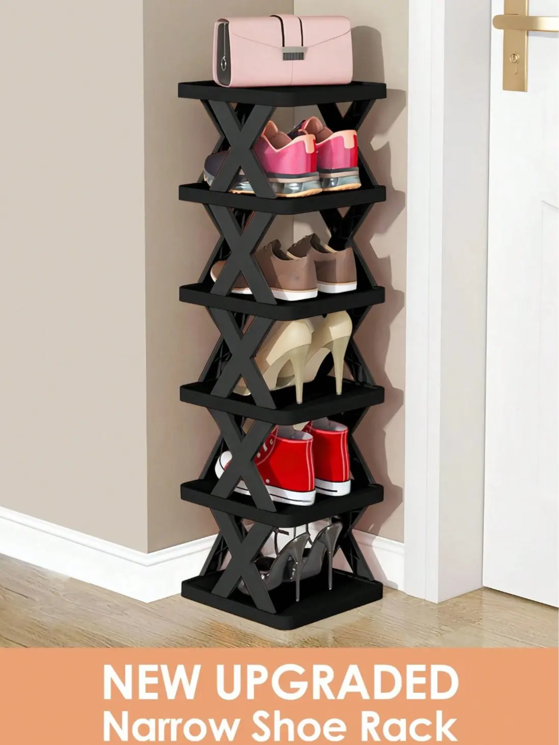 9/6 Tier Vertical Shoe Stand Space Saving Narrow Shoe Rack, Small Shoe Shelf, DIY Free Standing Shoes Storage Organizer For Entryway, Closet, Hallway, Easy Assembly And Stable In Structure, Black Shoe Rack, Plastic Material, Black Plastic Shoe Rack